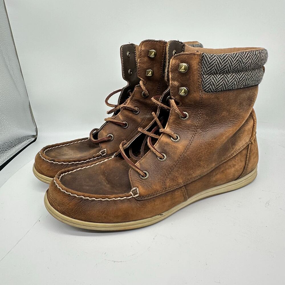 Sperry Bayfish Brown Leather Lace Up High Top Herringbone Collar Womens 10